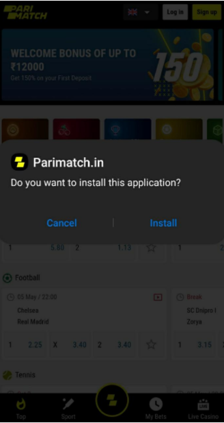 Parimatch app sports screen