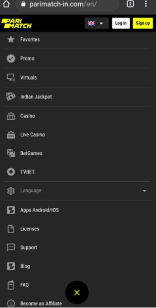 Parimatch app casino screen